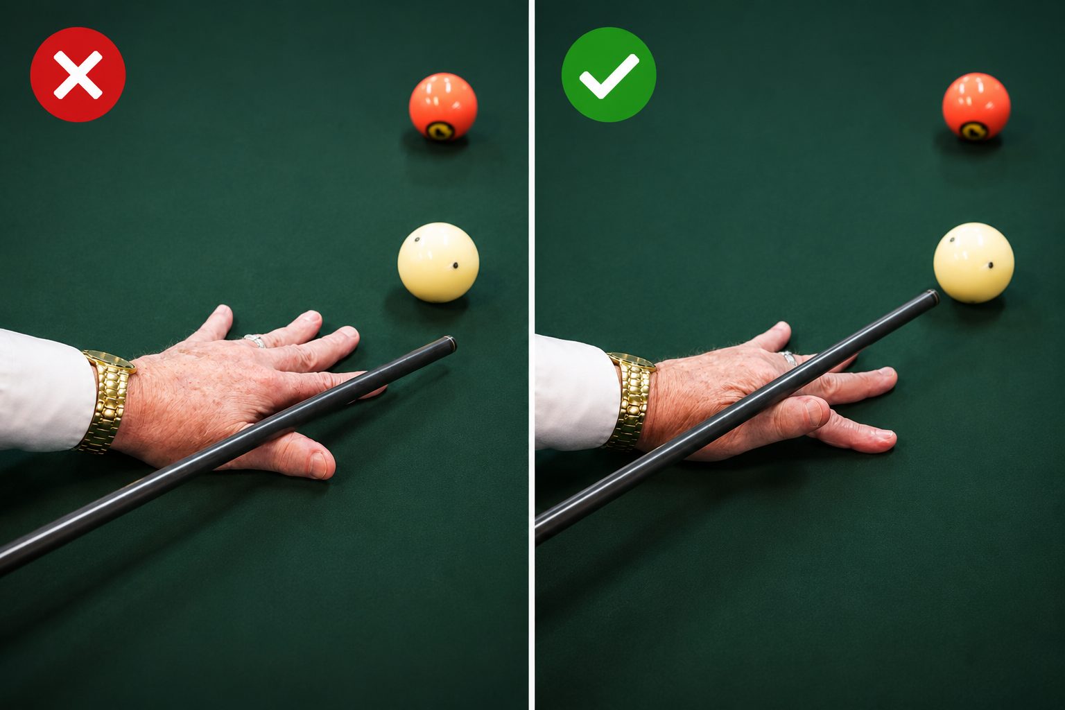 Two side-by-side photos of a bridge hand on the table: a loose, collapsed grip marked with a red cross, next to a firm, spread-fingered grip marked with a green check