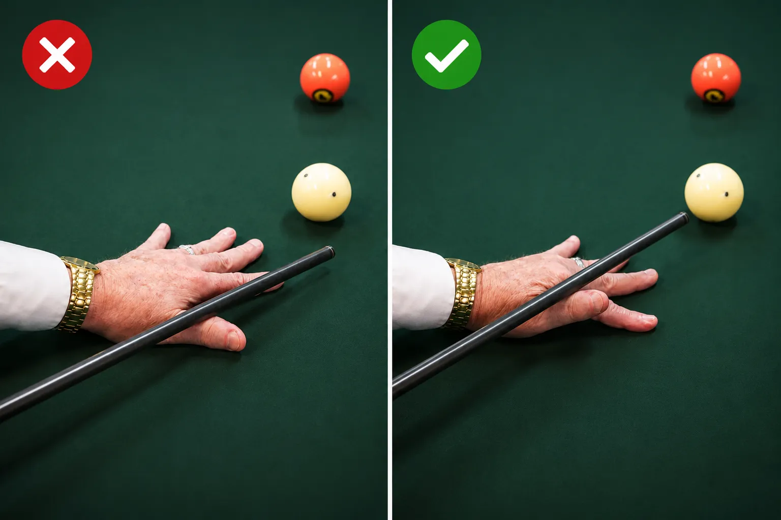Two side-by-side photos of a bridge hand on the table: a loose, collapsed grip marked with a red cross, next to a firm, spread-fingered grip marked with a green check